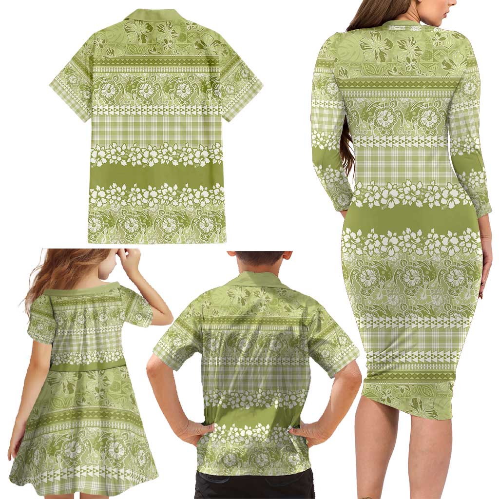 Hawaiian Hibiscus Honu Family Matching Long Sleeve Bodycon Dress and Hawaiian Shirt Sage Green Mele Kalikimaka Palaka Spirit - Polynesian Pride