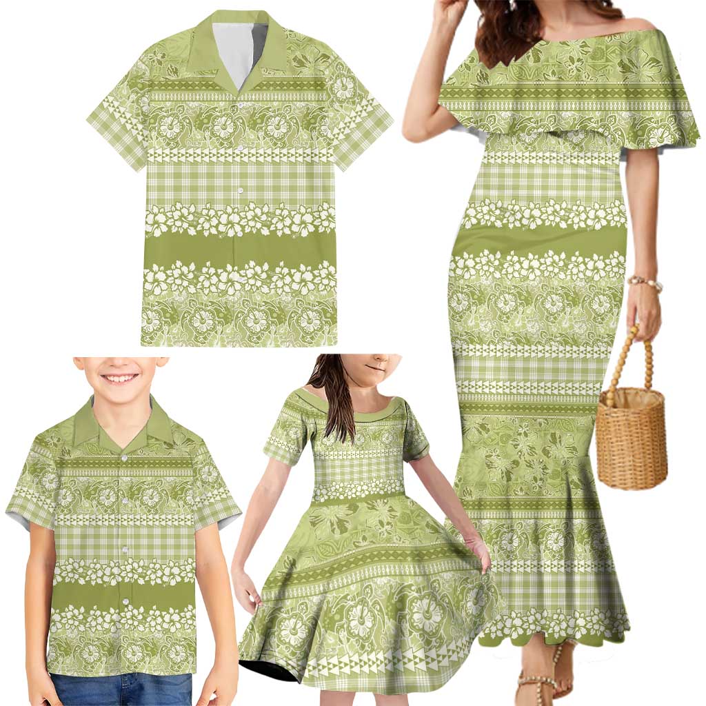 Hawaiian Hibiscus Honu Family Matching Mermaid Dress and Hawaiian Shirt Sage Green Mele Kalikimaka Palaka Spirit - Polynesian Pride