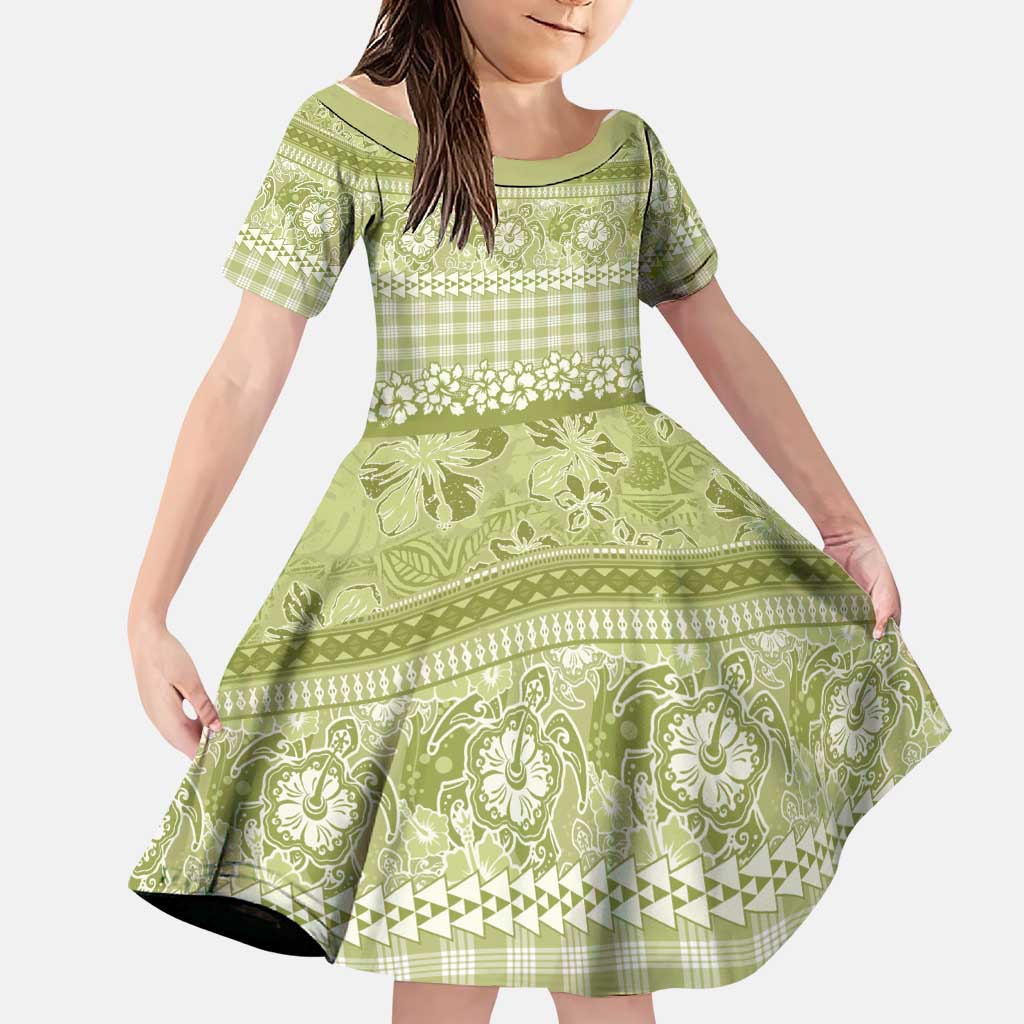 Hawaiian Hibiscus Honu Family Matching Puletasi and Hawaiian Shirt Sage Green Mele Kalikimaka Palaka Spirit LT9 Daughter's Dress Sage Green - Polynesian Pride