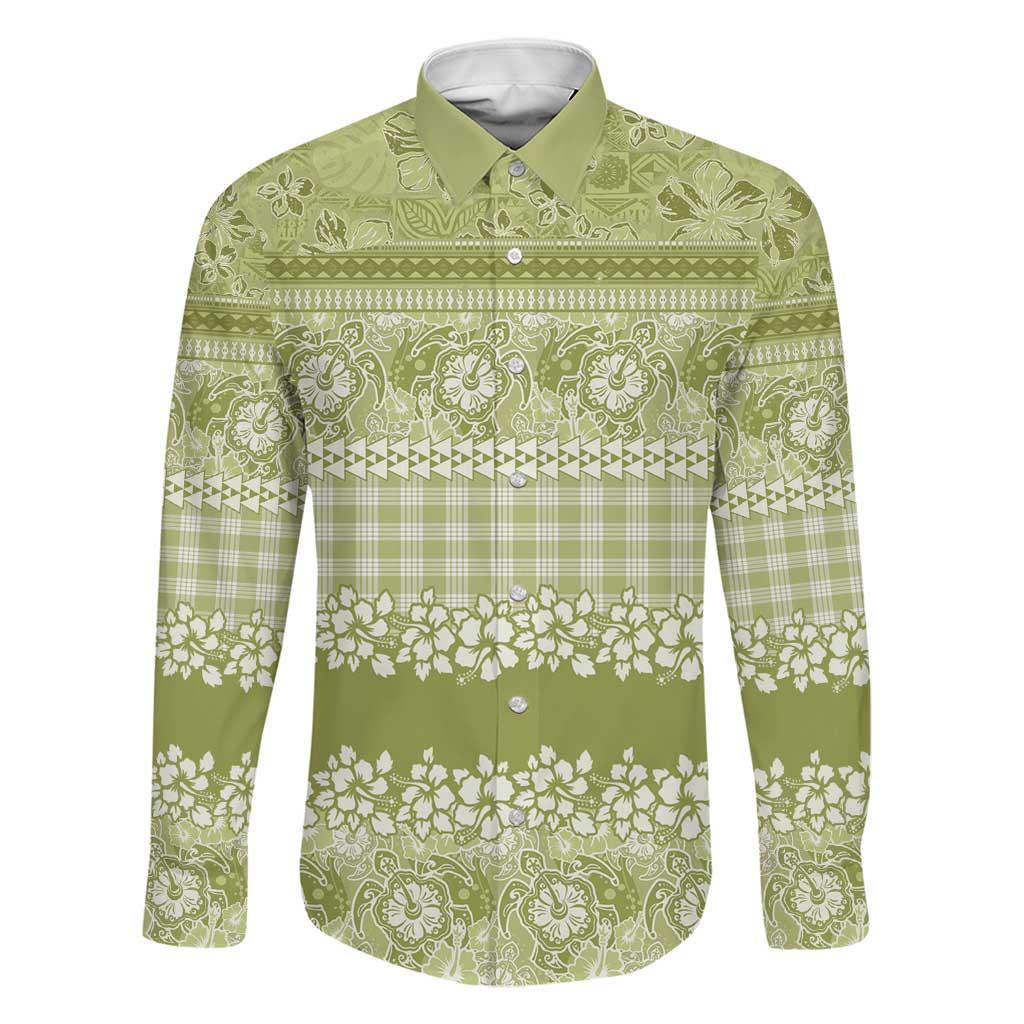 Hawaiian Hibiscus Honu Family Matching Puletasi and Hawaiian Shirt Sage Green Mele Kalikimaka Palaka Spirit LT9 Dad's Shirt - Long Sleeve Sage Green - Polynesian Pride