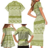 Hawaiian Hibiscus Honu Family Matching Short Sleeve Bodycon Dress and Hawaiian Shirt Sage Green Mele Kalikimaka Palaka Spirit - Polynesian Pride