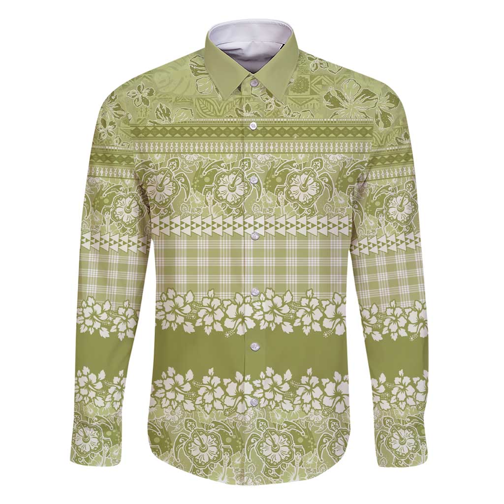 Hawaiian Hibiscus Honu Family Matching Short Sleeve Bodycon Dress and Hawaiian Shirt Sage Green Mele Kalikimaka Palaka Spirit - Polynesian Pride