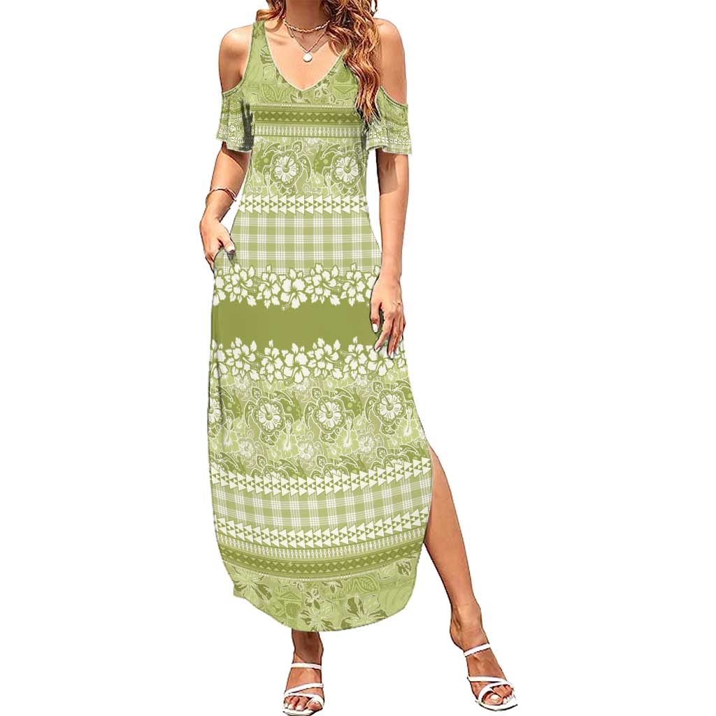 Hawaiian Hibiscus Honu Family Matching Summer Maxi Dress and Hawaiian Shirt Sage Green Mele Kalikimaka Palaka Spirit - Polynesian Pride