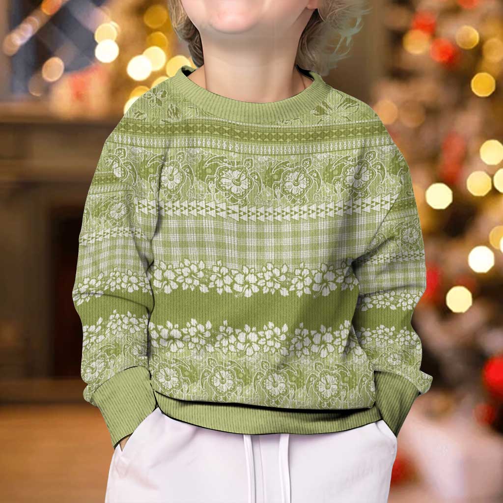 Hawaiian Hibiscus Honu Kid Ugly Christmas Sweater Sage Green Mele Kalikimaka Palaka Spirit - Polynesian Pride