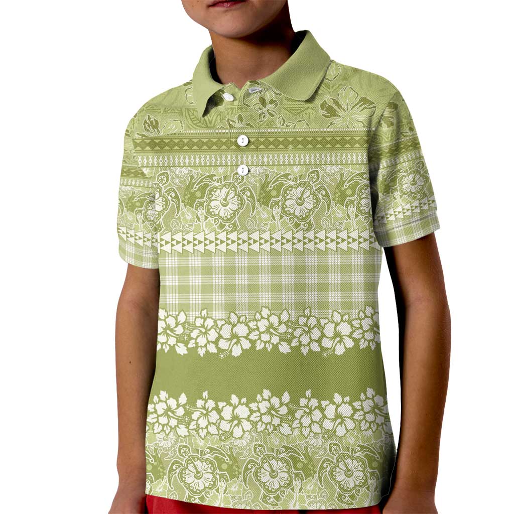 Hawaiian Hibiscus Honu Kid Polo Shirt Sage Green Mele Kalikimaka Palaka Spirit - Polynesian Pride