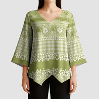 Hawaiian Hibiscus Honu Kimono Sleeve Blouse Sage Green Mele Kalikimaka Palaka Spirit - Polynesian Pride