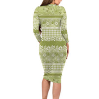 Hawaiian Hibiscus Honu Long Sleeve Bodycon Dress Sage Green Mele Kalikimaka Palaka Spirit - Polynesian Pride