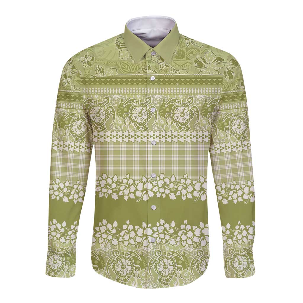 Hawaiian Hibiscus Honu Long Sleeve Button Shirt Sage Green Mele Kalikimaka Palaka Spirit - Polynesian Pride