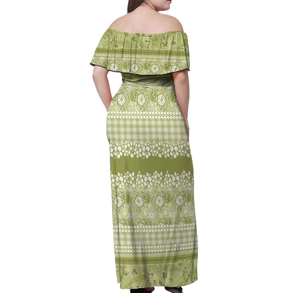 Hawaiian Hibiscus Honu Off Shoulder Maxi Dress Sage Green Mele Kalikimaka Palaka Spirit - Polynesian Pride