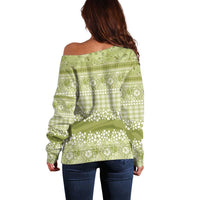 Hawaiian Hibiscus Honu Off Shoulder Sweater Sage Green Mele Kalikimaka Palaka Spirit - Polynesian Pride
