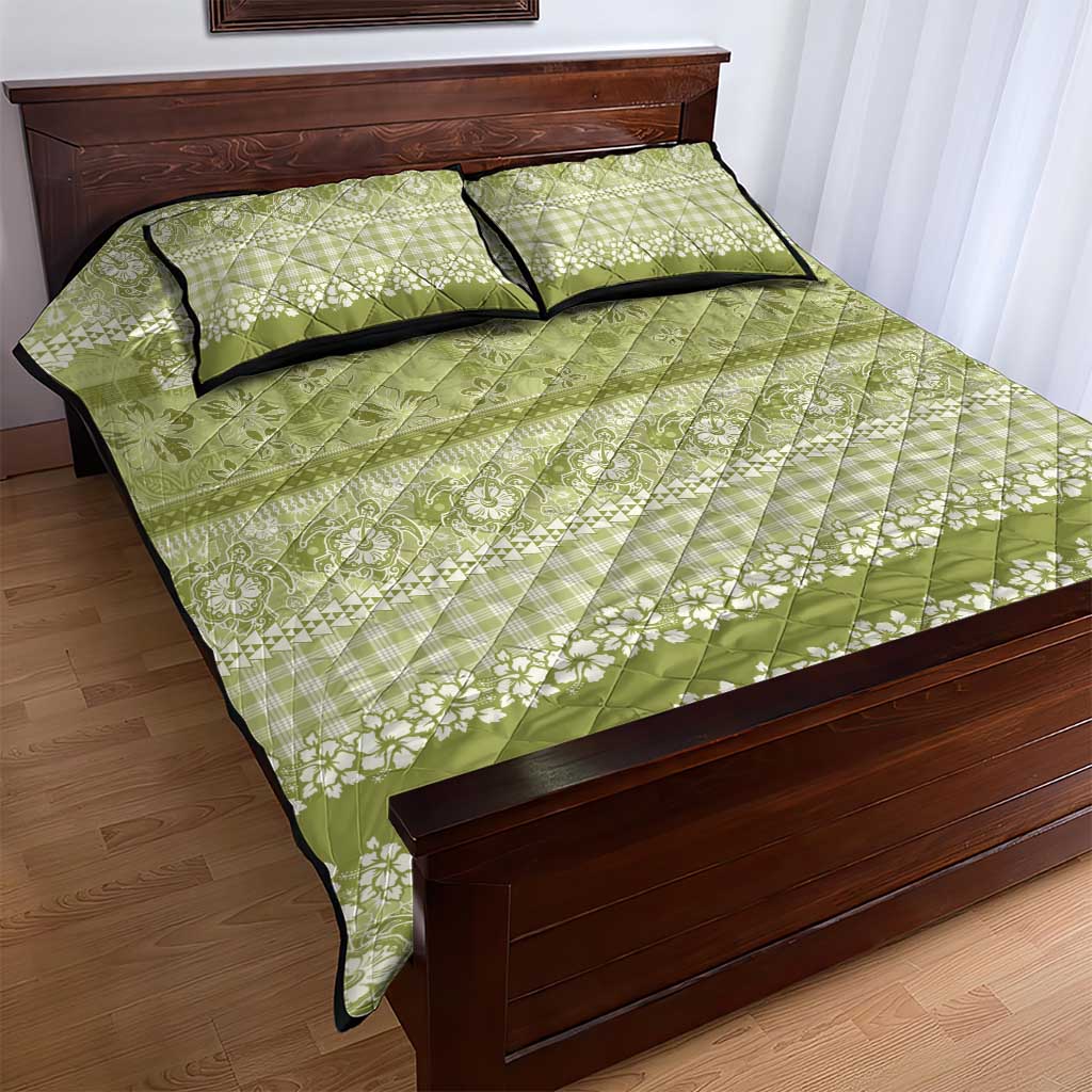 Hawaiian Hibiscus Honu Quilt Bed Set Sage Green Mele Kalikimaka Palaka Spirit - Polynesian Pride