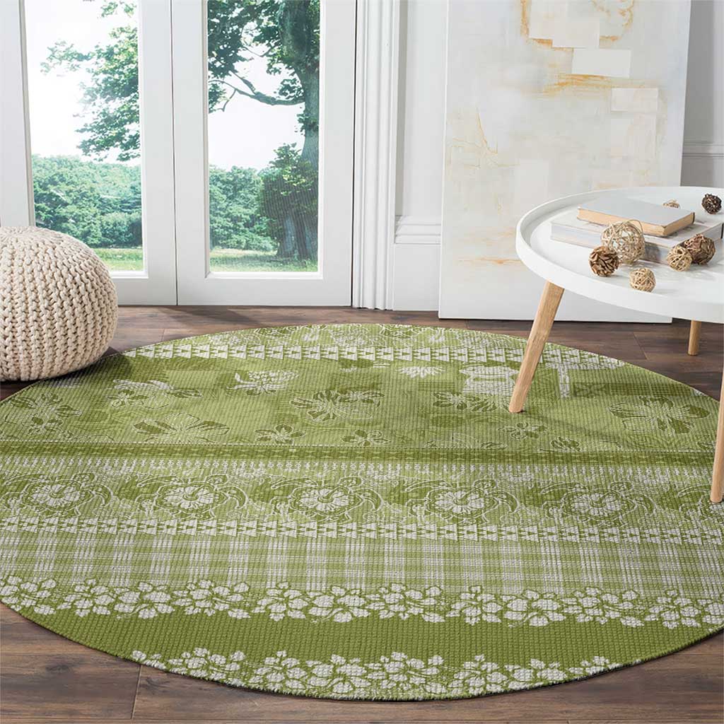 Hawaiian Hibiscus Honu Round Carpet Sage Green Mele Kalikimaka Palaka Spirit - Polynesian Pride