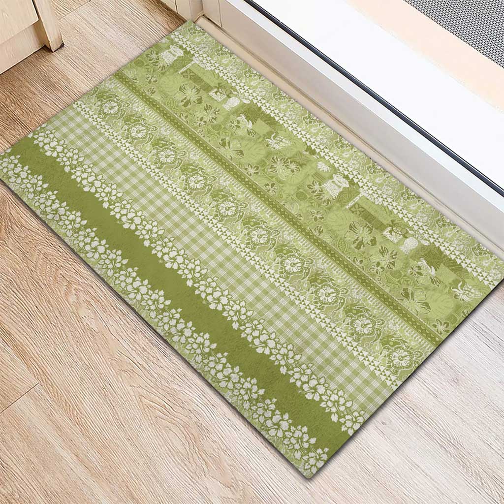 Hawaiian Hibiscus Honu Rubber Doormat Sage Green Mele Kalikimaka Palaka Spirit - Polynesian Pride