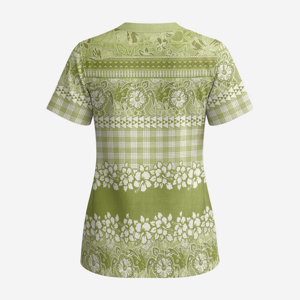 Hawaiian Hibiscus Honu Scrub Top Sage Green Mele Kalikimaka Palaka Spirit - Polynesian Pride