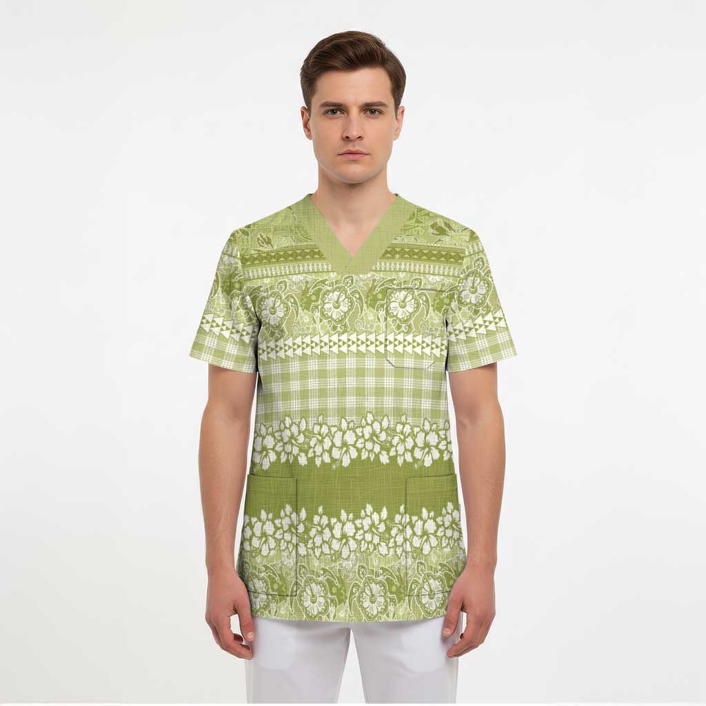 Hawaiian Hibiscus Honu Scrub Top Sage Green Mele Kalikimaka Palaka Spirit - Polynesian Pride