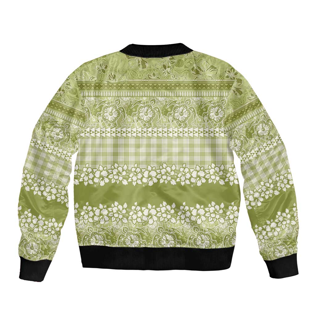 Hawaiian Hibiscus Honu Sleeve Zip Bomber Jacket Sage Green Mele Kalikimaka Palaka Spirit - Polynesian Pride