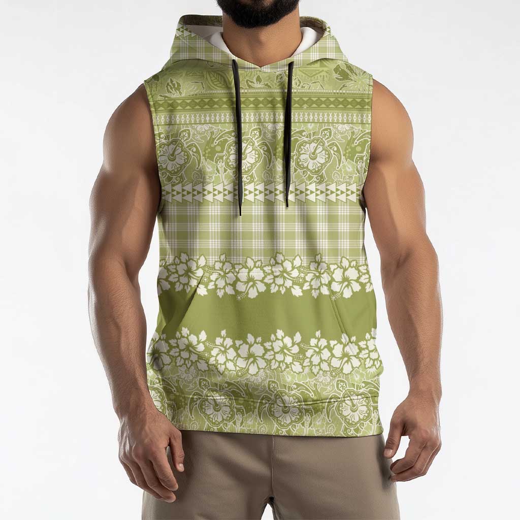 Hawaiian Hibiscus Honu Sleeveless Hoodie Sage Green Mele Kalikimaka Palaka Spirit - Polynesian Pride
