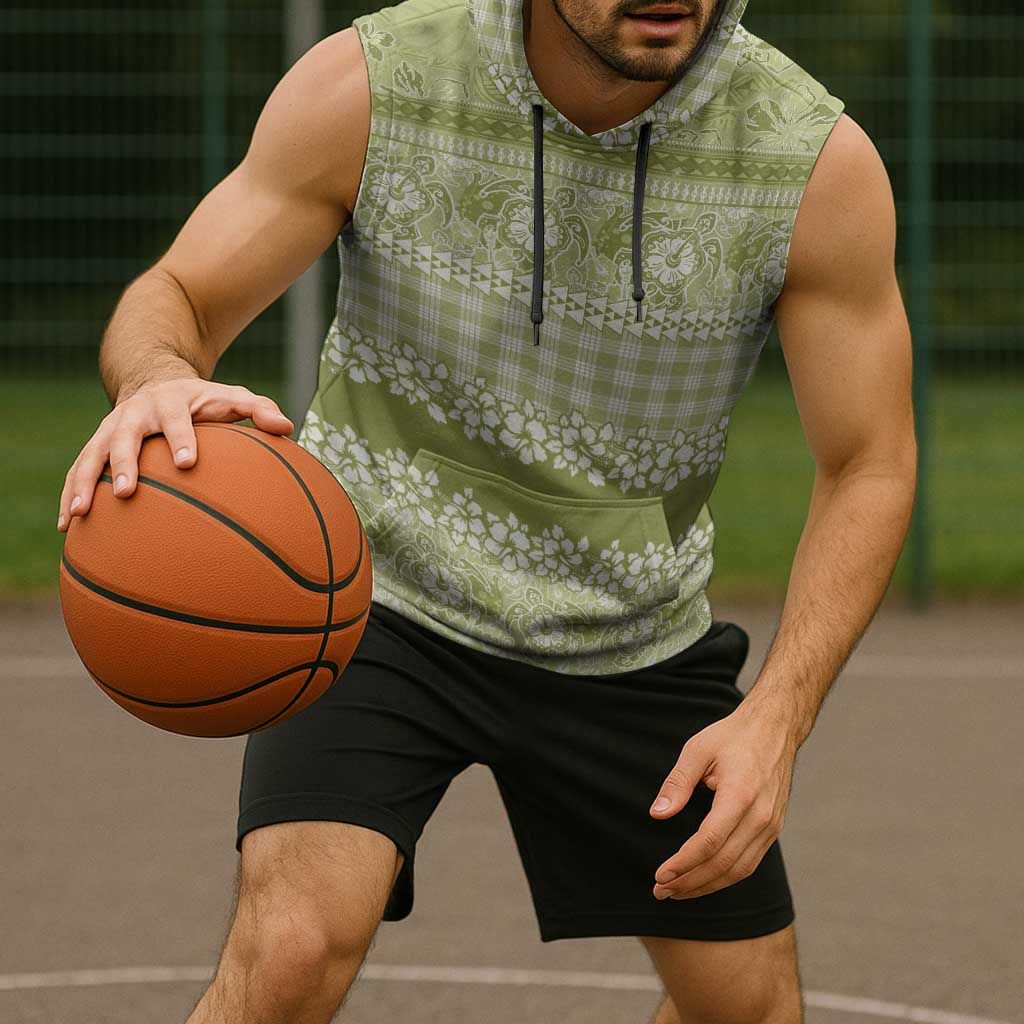 Hawaiian Hibiscus Honu Sleeveless Hoodie Sage Green Mele Kalikimaka Palaka Spirit - Polynesian Pride