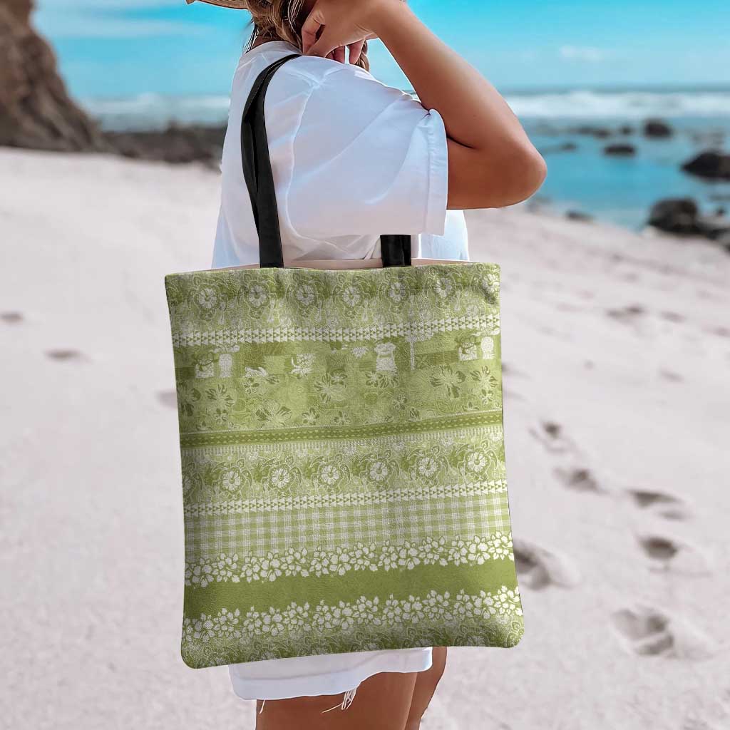 Hawaiian Hibiscus Honu Tote Bag Sage Green Mele Kalikimaka Palaka Spirit - Polynesian Pride