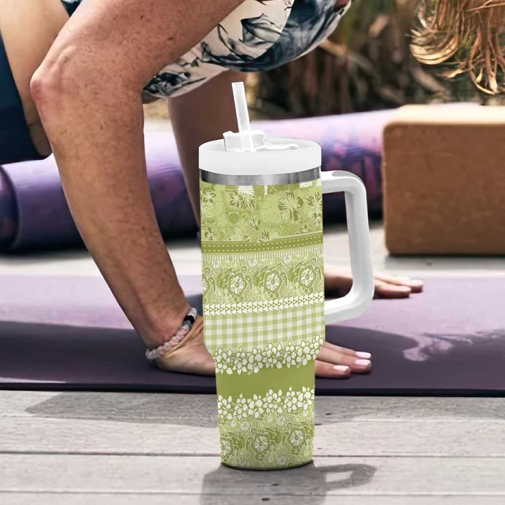 Hawaiian Hibiscus Honu Tumbler With Handle Sage Green Mele Kalikimaka Palaka Spirit - Polynesian Pride