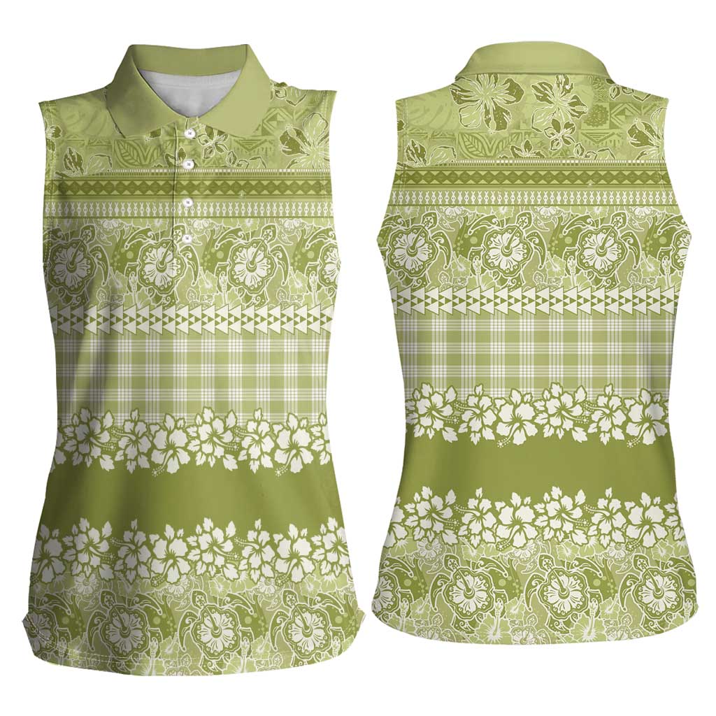Hawaiian Hibiscus Honu Women Sleeveless Polo Shirt Sage Green Mele Kalikimaka Palaka Spirit - Polynesian Pride