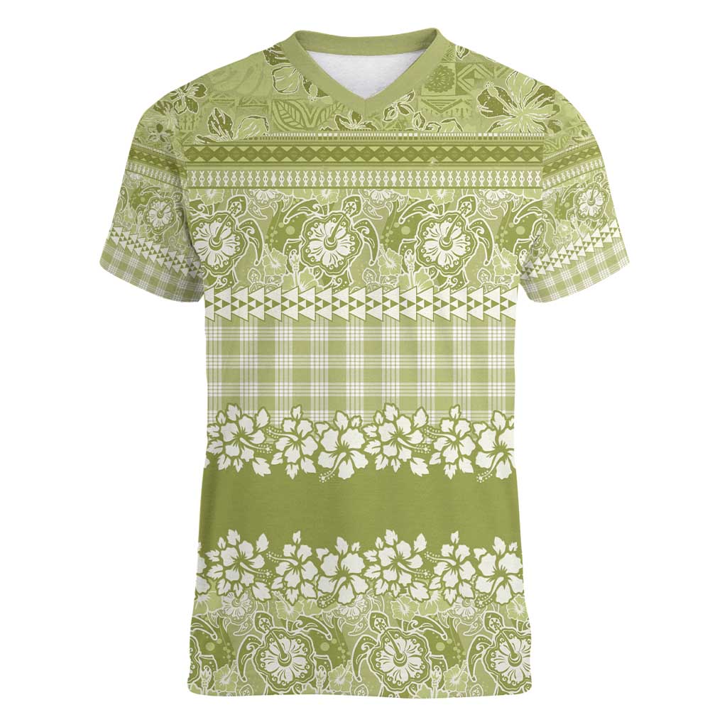 Hawaiian Hibiscus Honu Women V-Neck T-Shirt Sage Green Mele Kalikimaka Palaka Spirit - Polynesian Pride