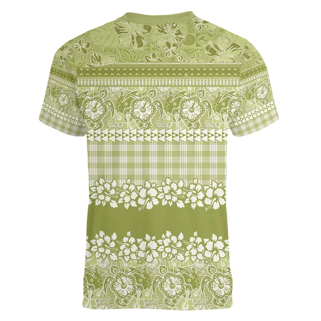Hawaiian Hibiscus Honu Women V-Neck T-Shirt Sage Green Mele Kalikimaka Palaka Spirit - Polynesian Pride