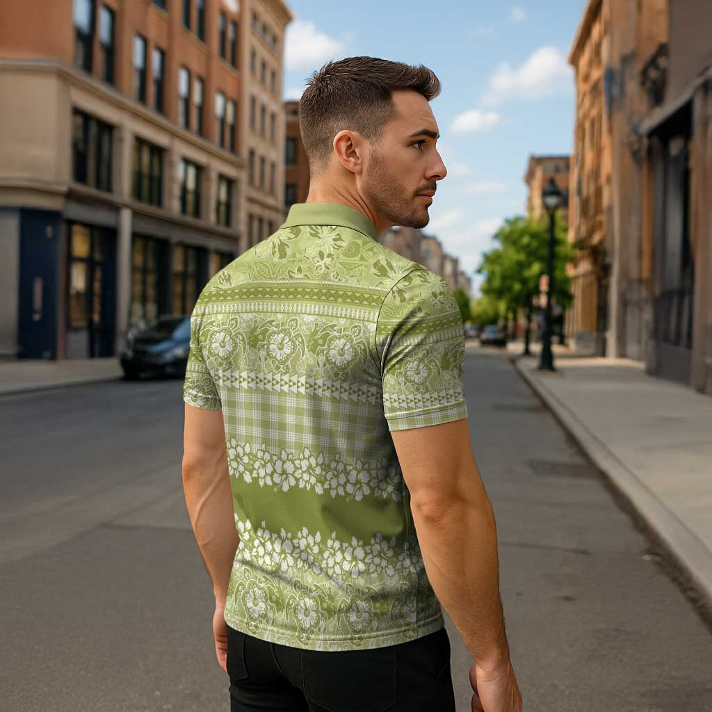 Hawaiian Hibiscus Honu Zipper Polo Shirt Sage Green Mele Kalikimaka Palaka Spirit - Polynesian Pride
