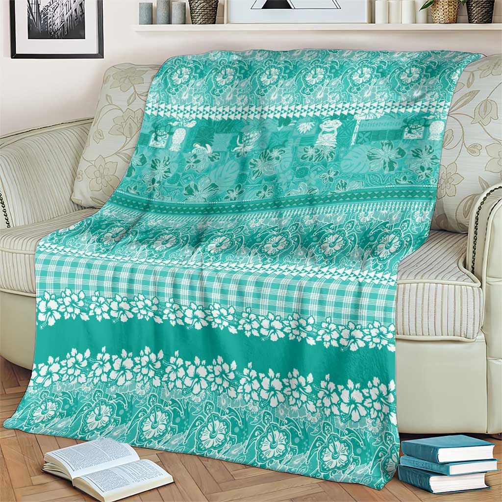 Hawaiian Hibiscus Honu Blanket Turquoise Mele Kalikimaka Palaka Spirit - Polynesian Pride