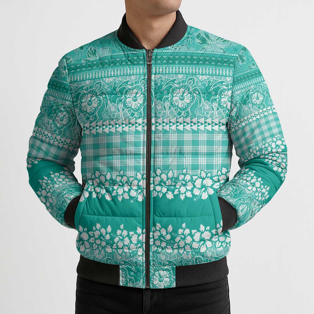 Hawaiian Hibiscus Honu Bomber Puffer Jacket Turquoise Mele Kalikimaka Palaka Spirit - Polynesian Pride