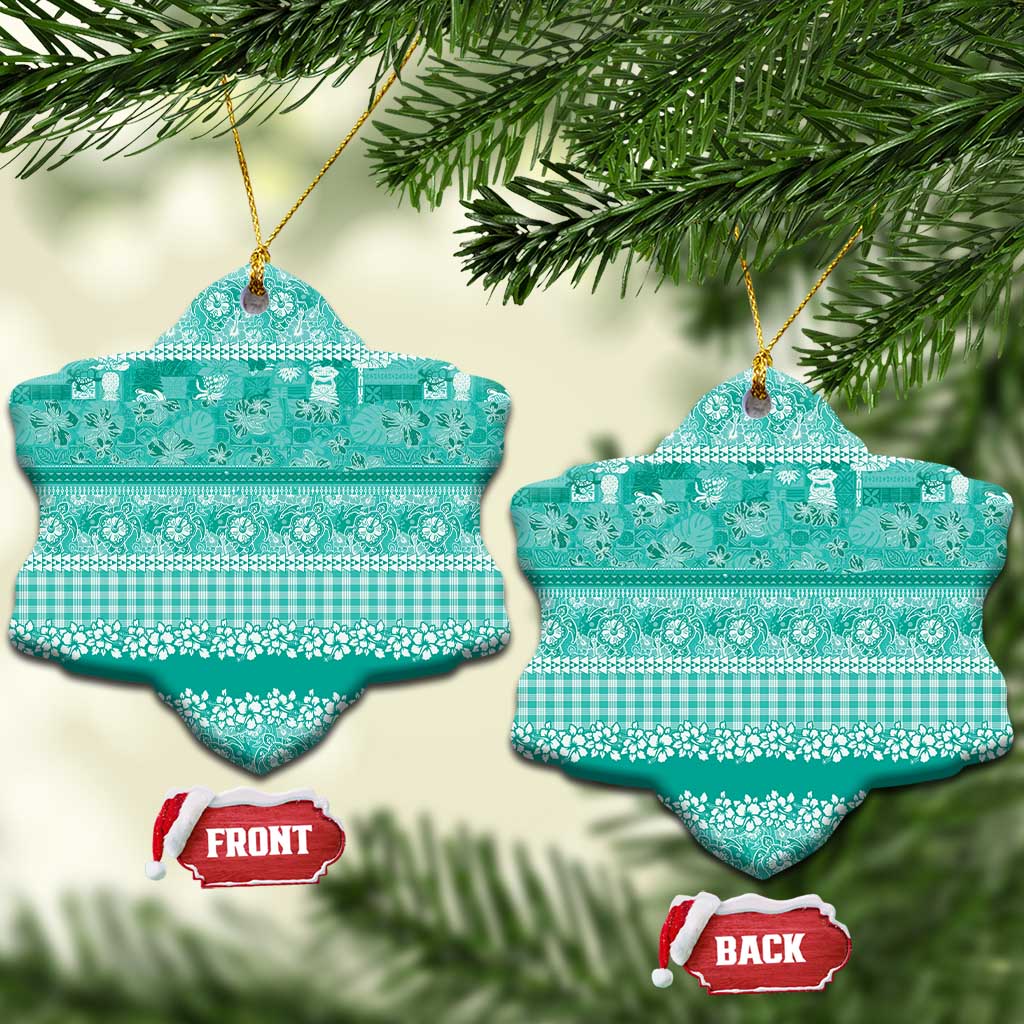 Hawaiian Hibiscus Honu Ceramic Ornament Turquoise Mele Kalikimaka Palaka Spirit - Polynesian Pride