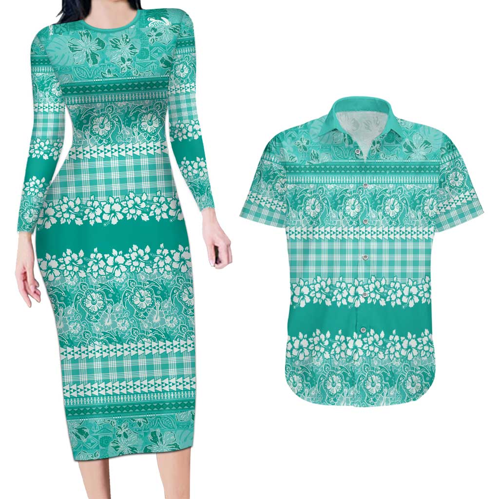 Hawaiian Hibiscus Honu Couples Matching Long Sleeve Bodycon Dress and Hawaiian Shirt Turquoise Mele Kalikimaka Palaka Spirit - Polynesian Pride