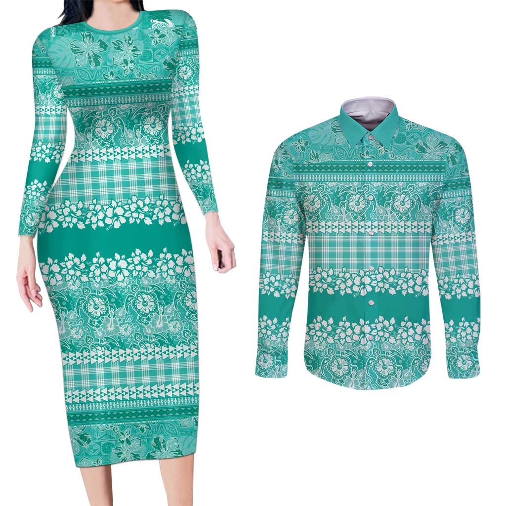 Hawaiian Hibiscus Honu Couples Matching Long Sleeve Bodycon Dress and Long Sleeve Button Shirt Turquoise Mele Kalikimaka Palaka Spirit - Polynesian Pride