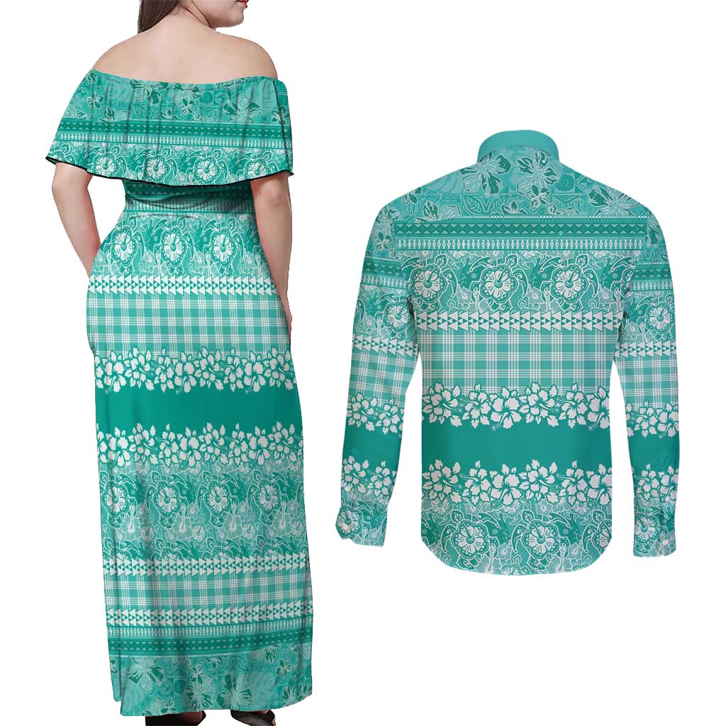 Hawaiian Hibiscus Honu Couples Matching Off Shoulder Maxi Dress and Long Sleeve Button Shirt Turquoise Mele Kalikimaka Palaka Spirit - Polynesian Pride
