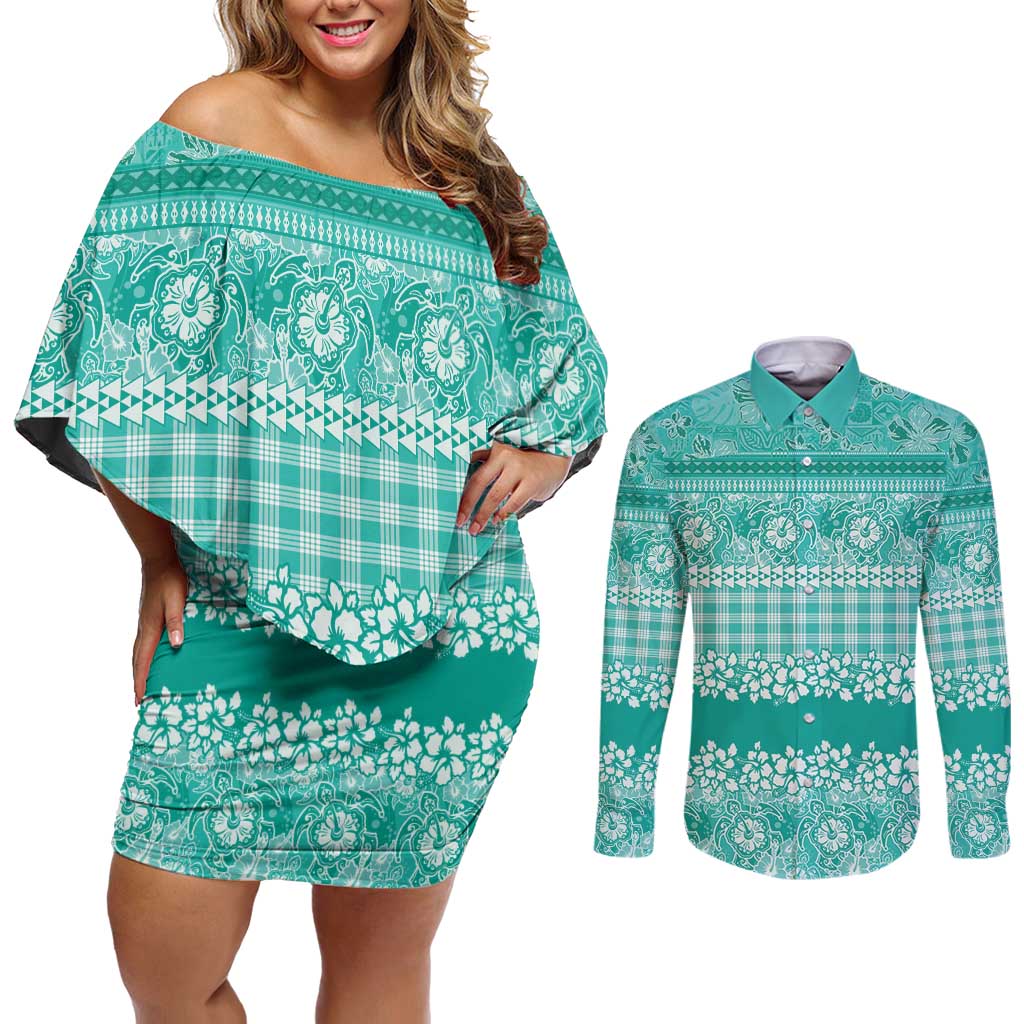 Hawaiian Hibiscus Honu Couples Matching Off Shoulder Short Dress and Long Sleeve Button Shirt Turquoise Mele Kalikimaka Palaka Spirit - Polynesian Pride