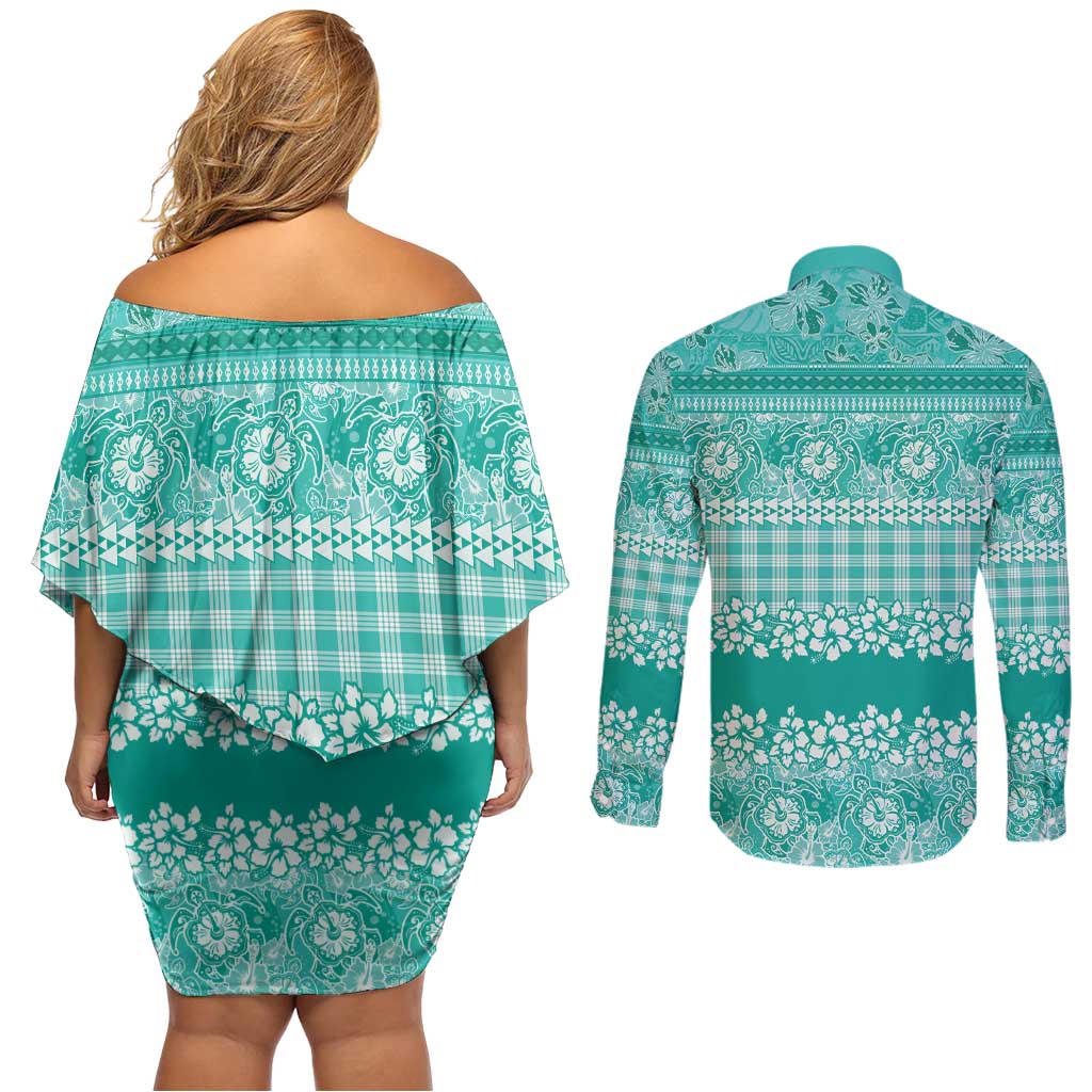 Hawaiian Hibiscus Honu Couples Matching Off Shoulder Short Dress and Long Sleeve Button Shirt Turquoise Mele Kalikimaka Palaka Spirit - Polynesian Pride