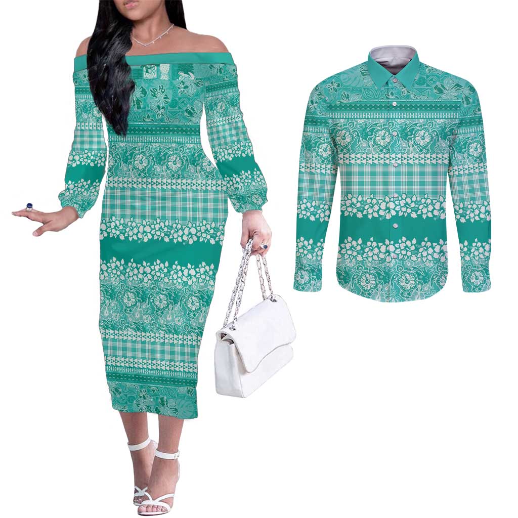 Hawaiian Hibiscus Honu Couples Matching Off The Shoulder Long Sleeve Dress and Long Sleeve Button Shirt Turquoise Mele Kalikimaka Palaka Spirit - Polynesian Pride