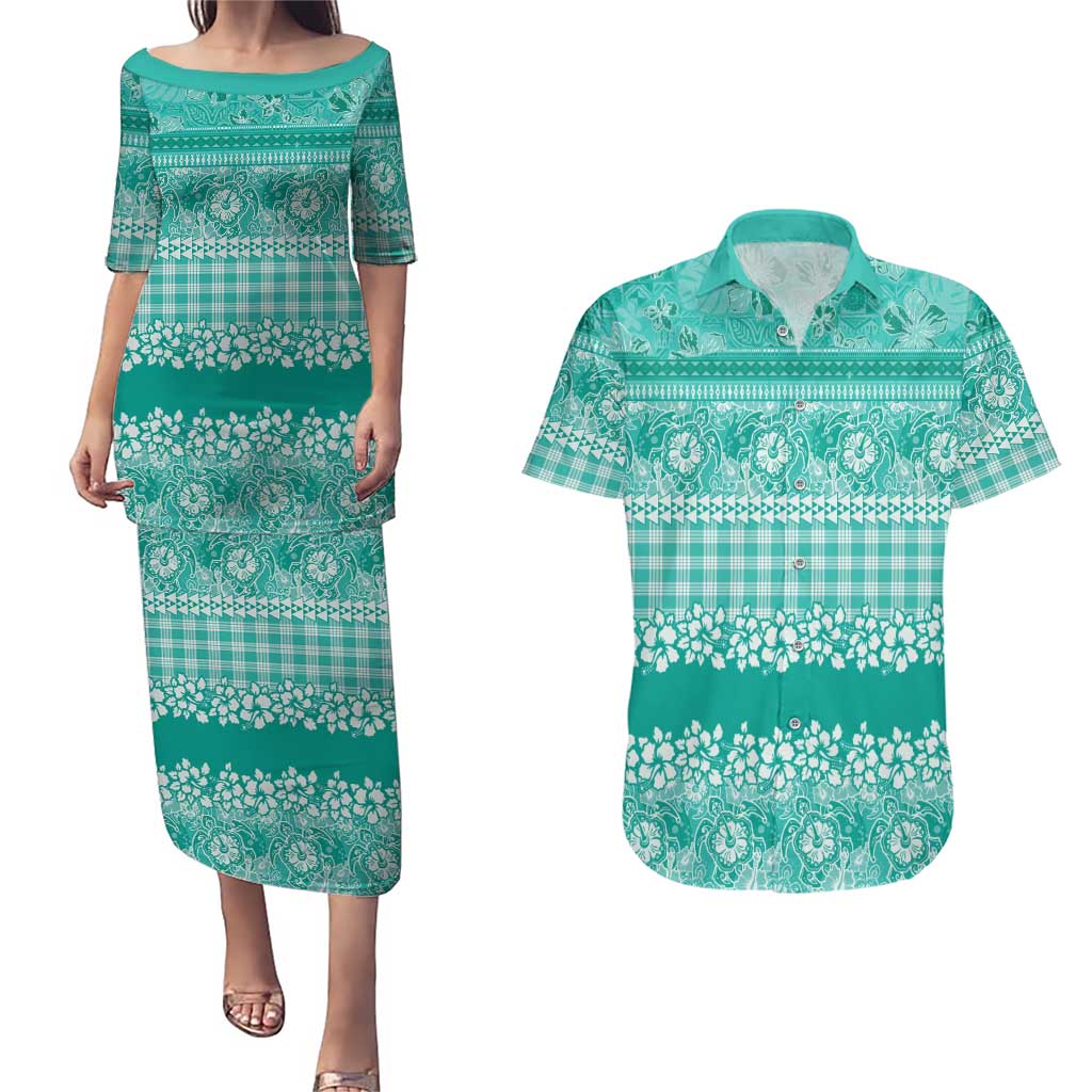 Hawaiian Hibiscus Honu Couples Matching Puletasi and Hawaiian Shirt Turquoise Mele Kalikimaka Palaka Spirit - Polynesian Pride
