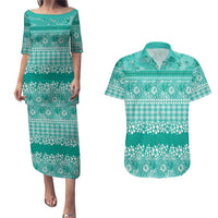 Hawaiian Hibiscus Honu Couples Matching Puletasi and Hawaiian Shirt Turquoise Mele Kalikimaka Palaka Spirit - Polynesian Pride