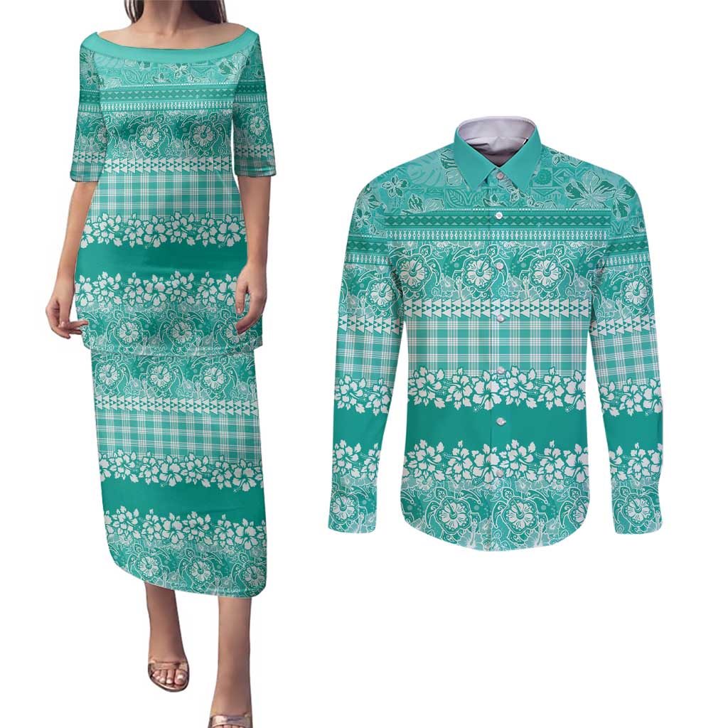 Hawaiian Hibiscus Honu Couples Matching Puletasi and Long Sleeve Button Shirt Turquoise Mele Kalikimaka Palaka Spirit - Polynesian Pride