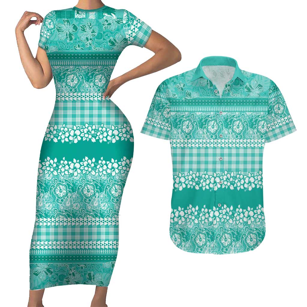 Hawaiian Hibiscus Honu Couples Matching Short Sleeve Bodycon Dress and Hawaiian Shirt Turquoise Mele Kalikimaka Palaka Spirit LT9 Turquoise - Polynesian Pride