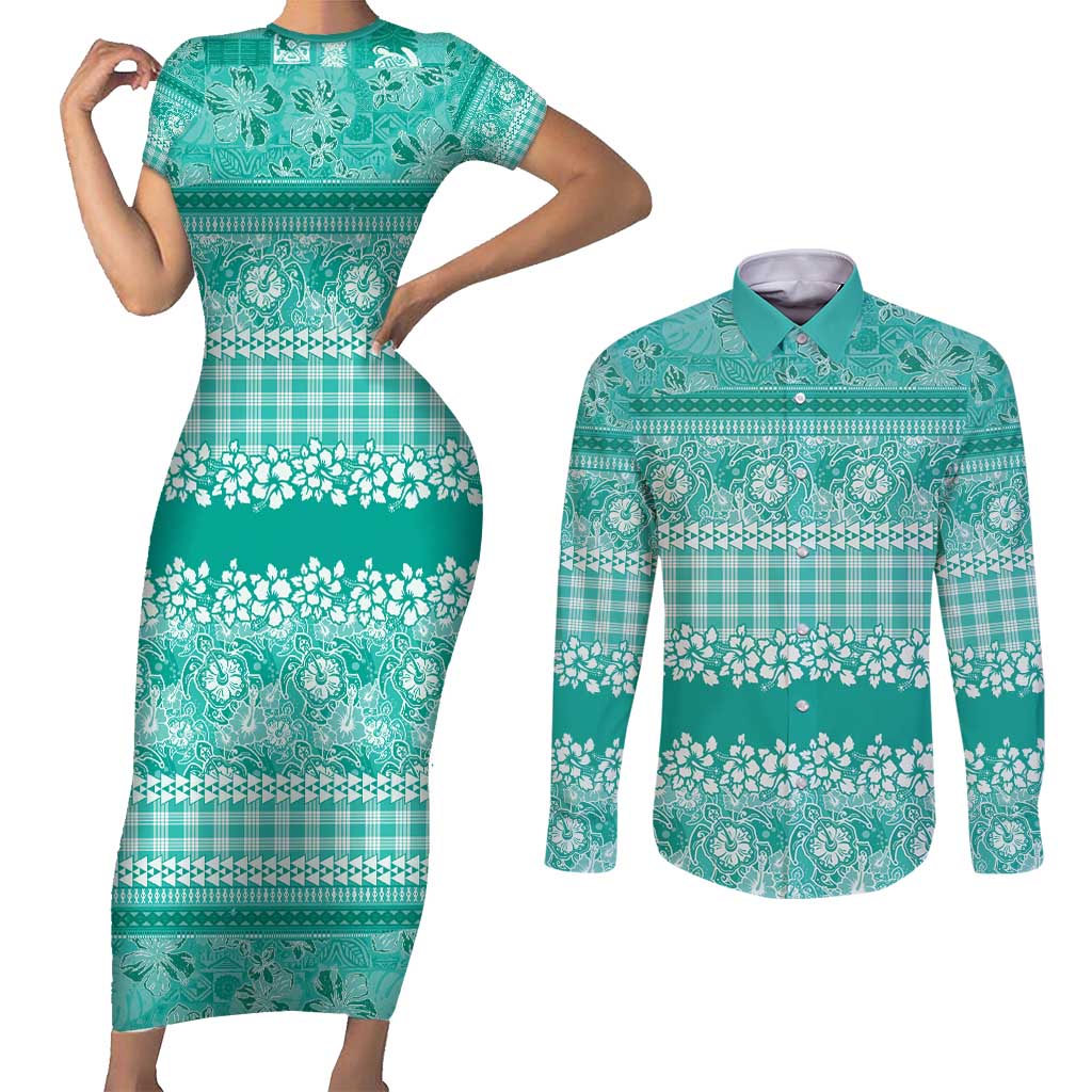 Hawaiian Hibiscus Honu Couples Matching Short Sleeve Bodycon Dress and Long Sleeve Button Shirt Turquoise Mele Kalikimaka Palaka Spirit - Polynesian Pride
