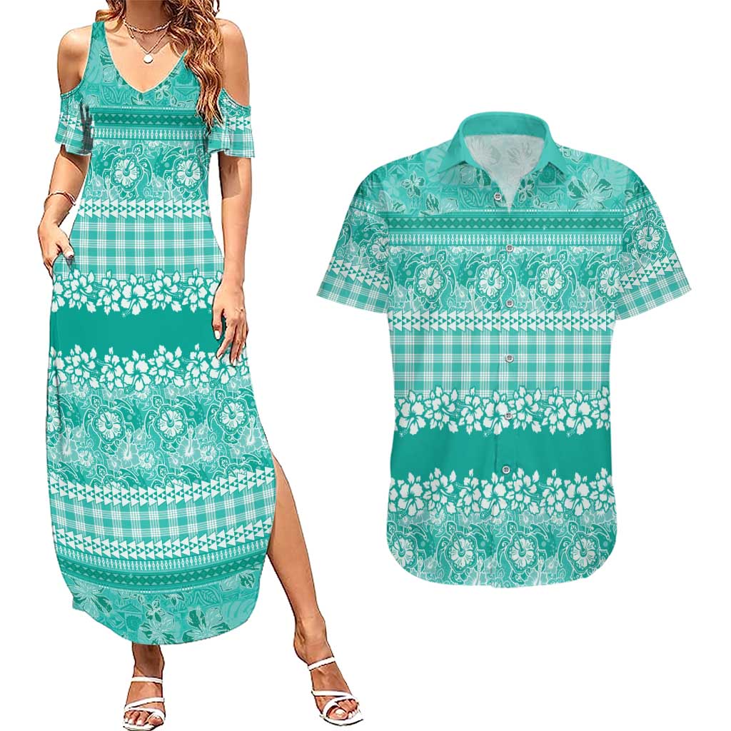 Hawaiian Hibiscus Honu Couples Matching Summer Maxi Dress and Hawaiian Shirt Turquoise Mele Kalikimaka Palaka Spirit - Polynesian Pride