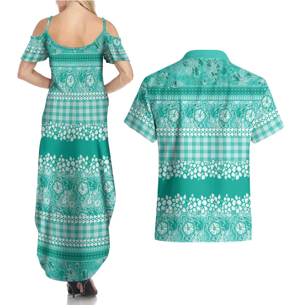 Hawaiian Hibiscus Honu Couples Matching Summer Maxi Dress and Hawaiian Shirt Turquoise Mele Kalikimaka Palaka Spirit - Polynesian Pride