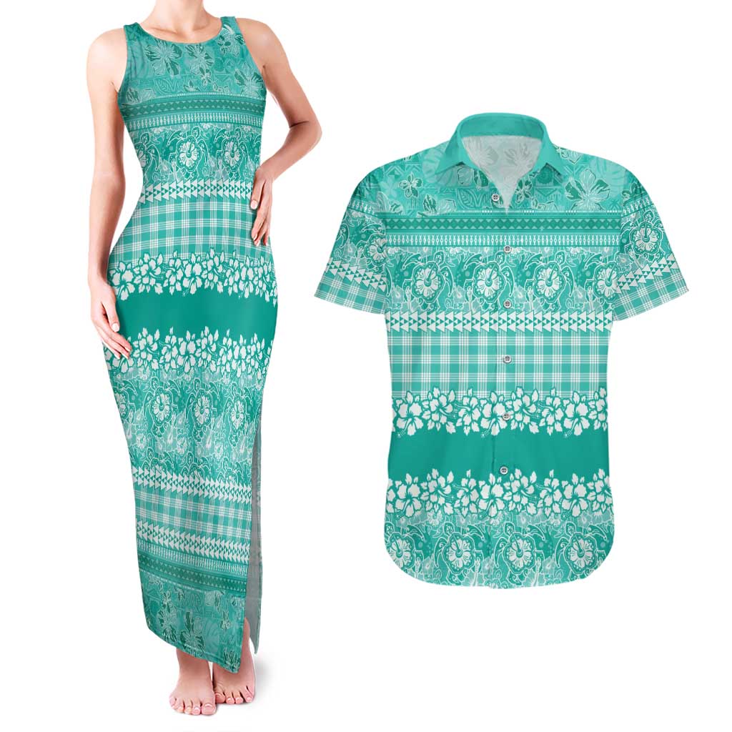 Hawaiian Hibiscus Honu Couples Matching Tank Maxi Dress and Hawaiian Shirt Turquoise Mele Kalikimaka Palaka Spirit - Polynesian Pride