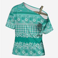 Hawaiian Hibiscus Honu Cross Shoulder Shirt Turquoise Mele Kalikimaka Palaka Spirit - Polynesian Pride
