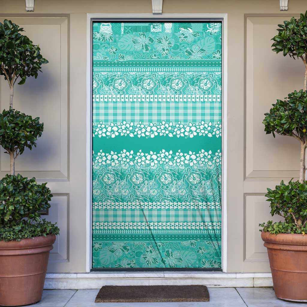 Hawaiian Hibiscus Honu Door Cover Turquoise Mele Kalikimaka Palaka Spirit - Polynesian Pride