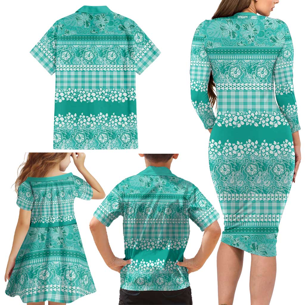 Hawaiian Hibiscus Honu Family Matching Long Sleeve Bodycon Dress and Hawaiian Shirt Turquoise Mele Kalikimaka Palaka Spirit LT9 - Polynesian Pride