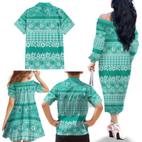 Hawaiian Hibiscus Honu Family Matching Off The Shoulder Long Sleeve Dress and Hawaiian Shirt Turquoise Mele Kalikimaka Palaka Spirit - Polynesian Pride
