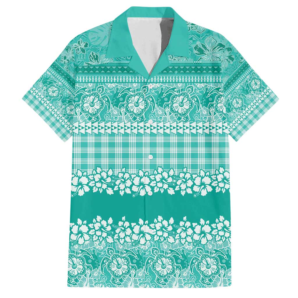 Hawaiian Hibiscus Honu Family Matching Off Shoulder Short Dress and Hawaiian Shirt Turquoise Mele Kalikimaka Palaka Spirit - Polynesian Pride